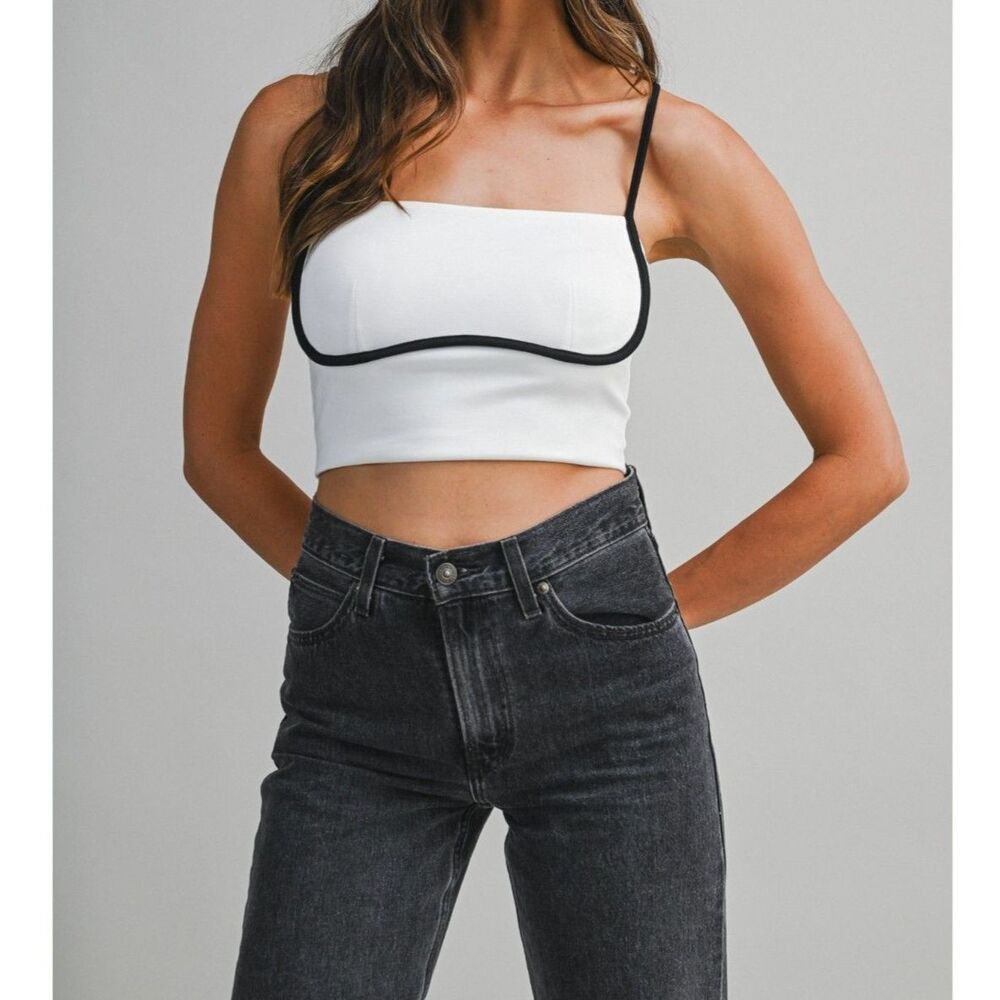 MABLE White Black Contrast Trim Cropped Cami Top Adjustable Straps